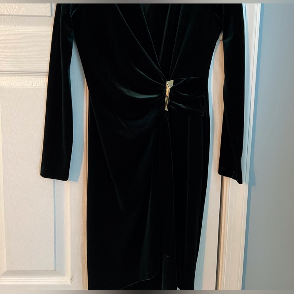 Calvin Klein Forest Green velvet surplice dress.